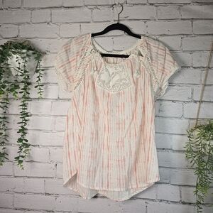 Good Hart Pink And White Striped Babydoll Top Boho With Crocheted Detail Size M